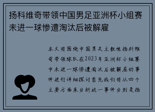 扬科维奇带领中国男足亚洲杯小组赛未进一球惨遭淘汰后被解雇 扬科维奇带领中国男足亚洲杯小组赛未进一球惨遭淘汰后被解雇